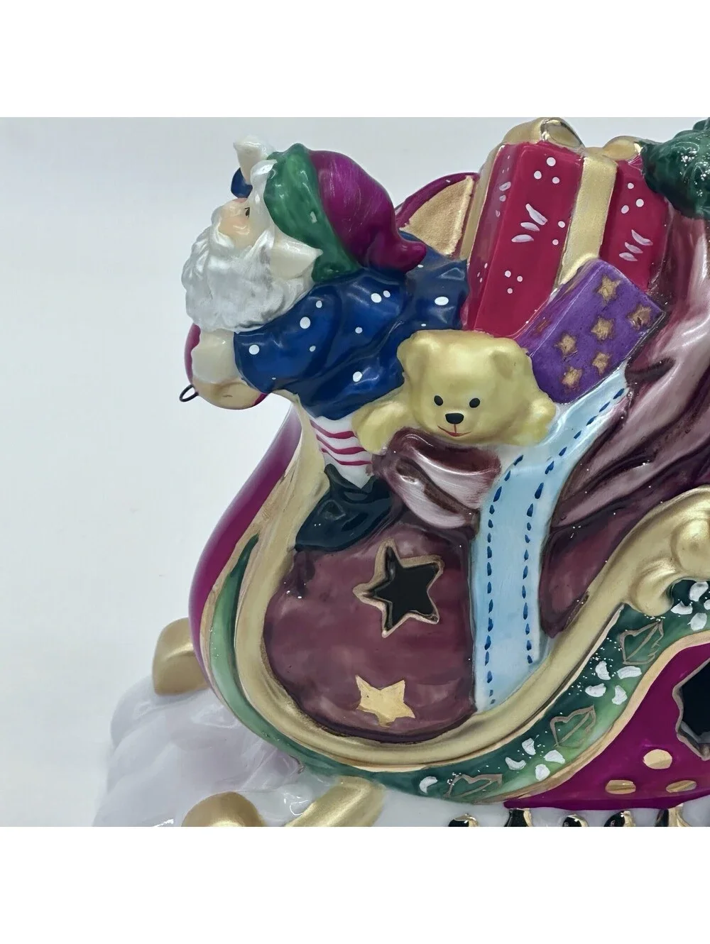 Santa’s Sleigh w Elves & Gifts Glazed Porcelain 24K Gold Trim Figurine by O’Well